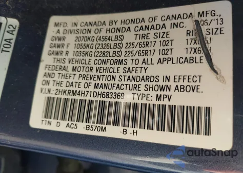 2013 Honda Cr-V Ex-L from USA, damaged, VIN 2HKRM4H71DH683369